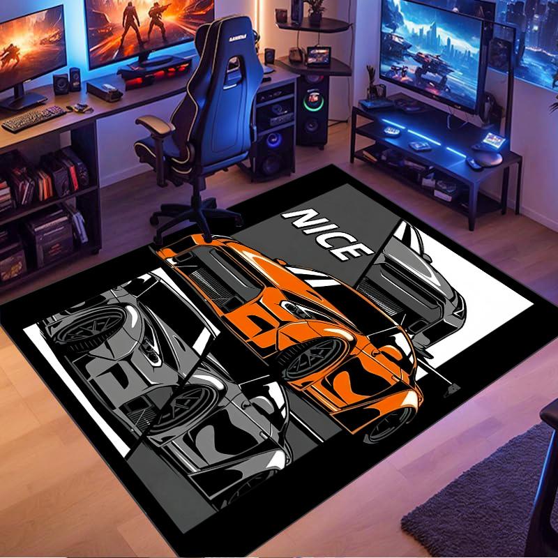 Two Sport Super Car Comic Pop Art Print Area Rug Non‑Slip Rectangular Floor Mat Racing Theme Decor for Gaming Bedroom Living Room