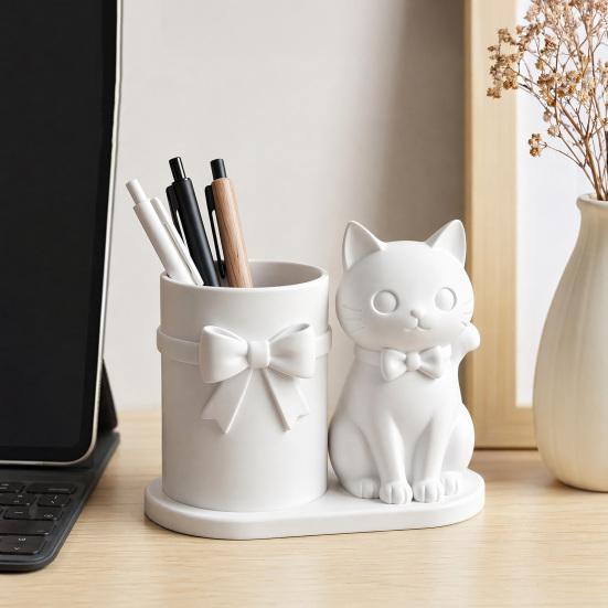 huaqianguhh Cat Pen Holder, Cute Kitty Desk Organizer with Pens, Pencils, Makeup Brushes, 3D Printed Sculpture for Home Office Decor
