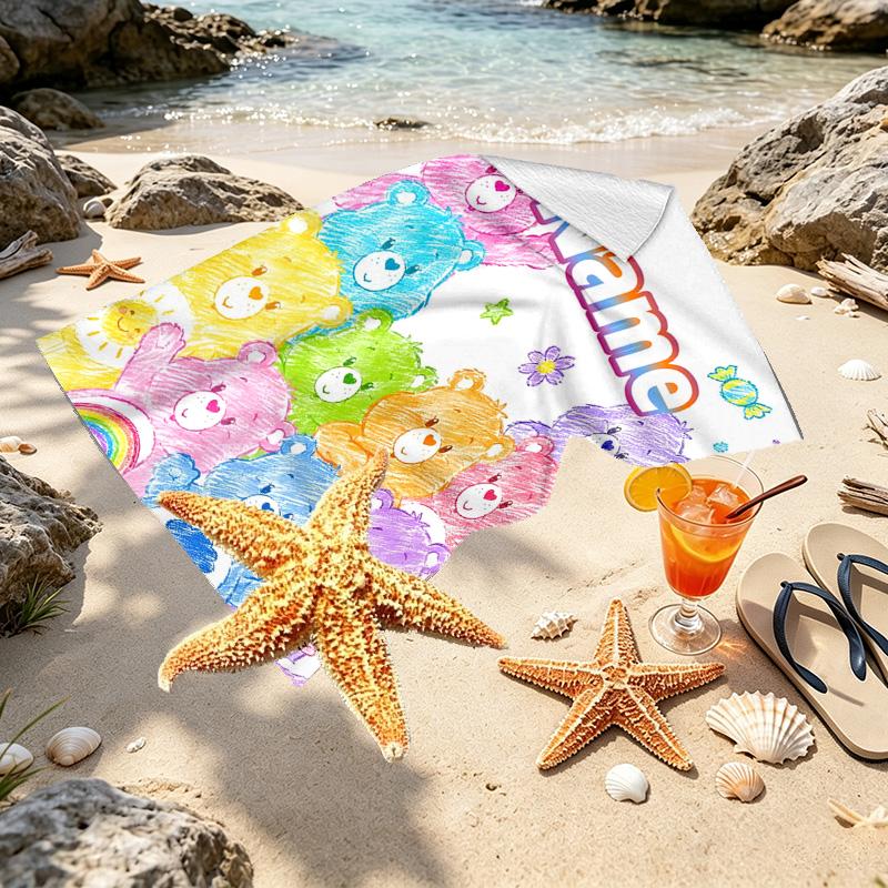Custom Name Personalized Care Bears Print Beach Towel, for Trip Camping Beach Party Home Decor, Birthday Gift for Family & Friends