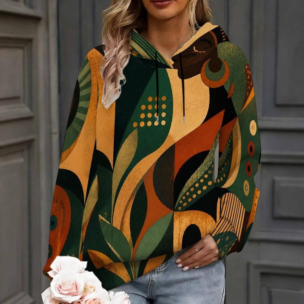 Women Plus Size Long Sleeve Drawstring Hoodie Green Yellow Orange Abstract Printed Kangaroo Pocket Pullover
