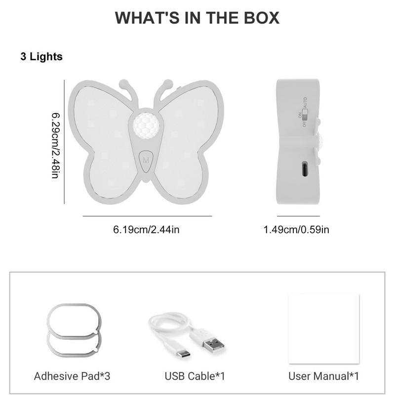 Motion Sensor Light Indoor Butterfly Shape Stick-On Night Light USB Rechargeable Stick on Lights for Stairs Auto/On/Off LED