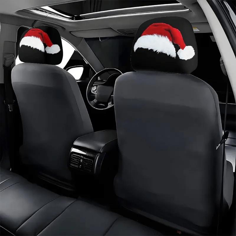 Holiday Car Headrest Cover Set, Slip On Polyester Fabric Washable for Christmas Cabin Style, Daily Driving, and Family Cars