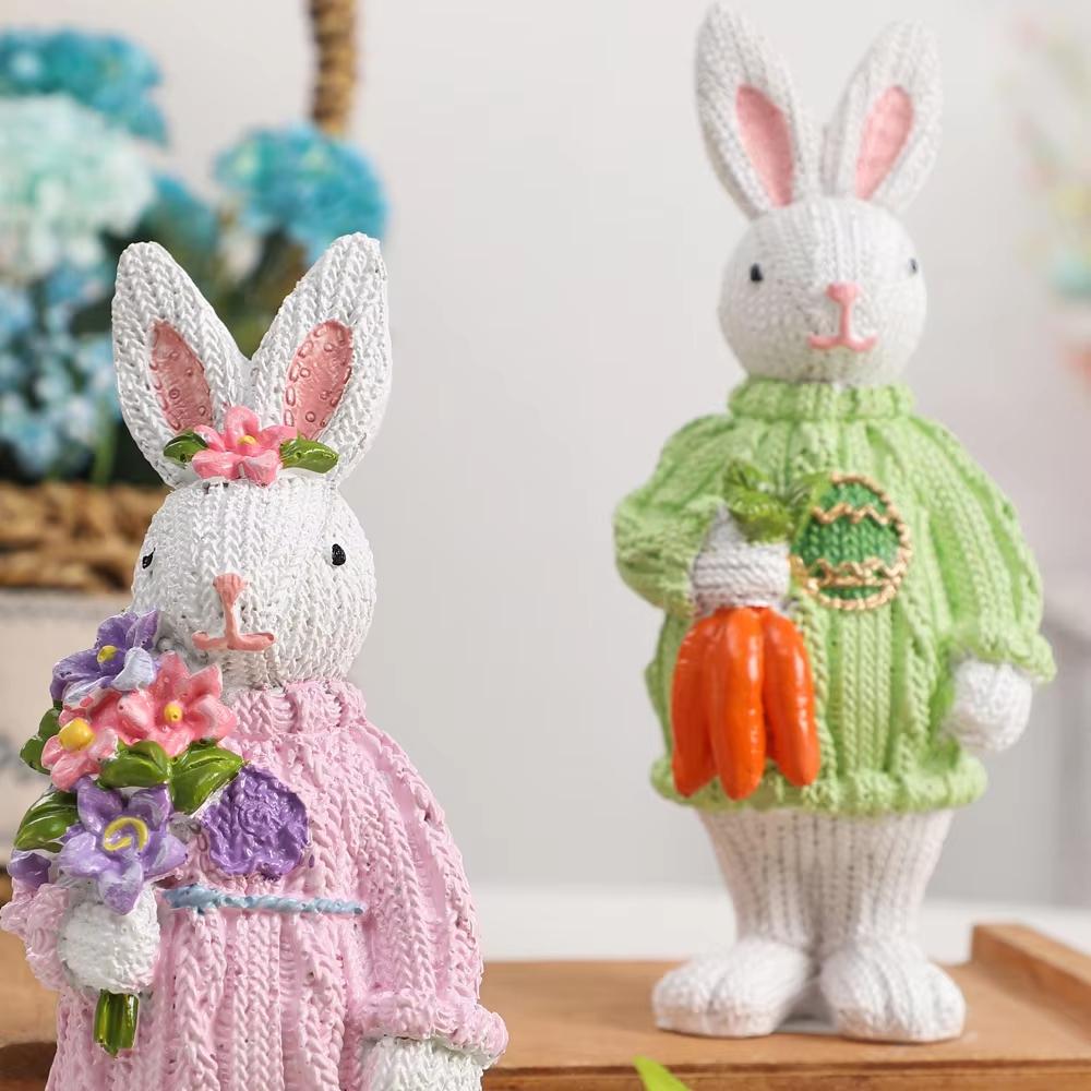 Easter Bunny Resin Figurines Knitted Texture Couple Rabbit Statues With Carrot & Bouquet Home Desktop Decorations Easter Gifts