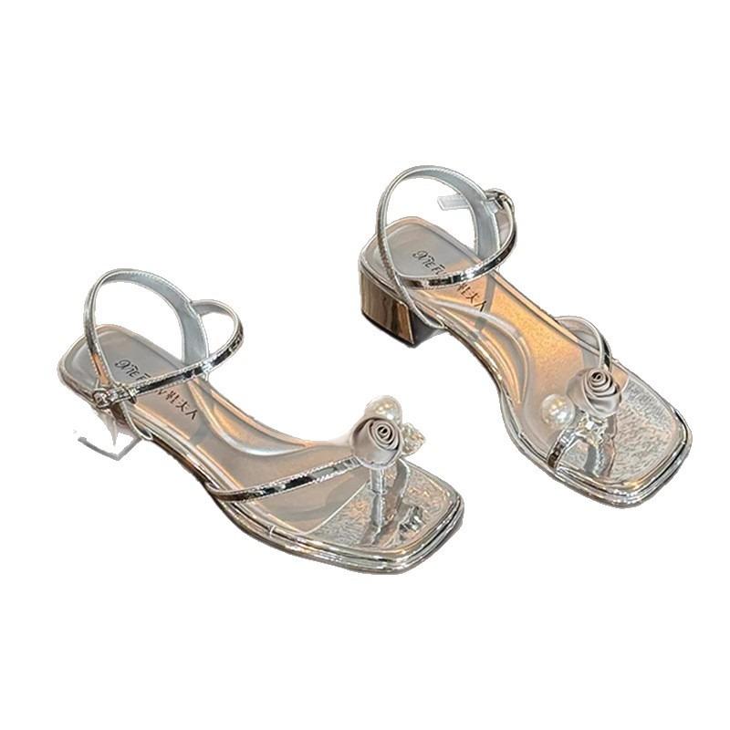 Premium pearl set toe silver sandals women's summer new one-word buckle strap beautiful fairy shoes