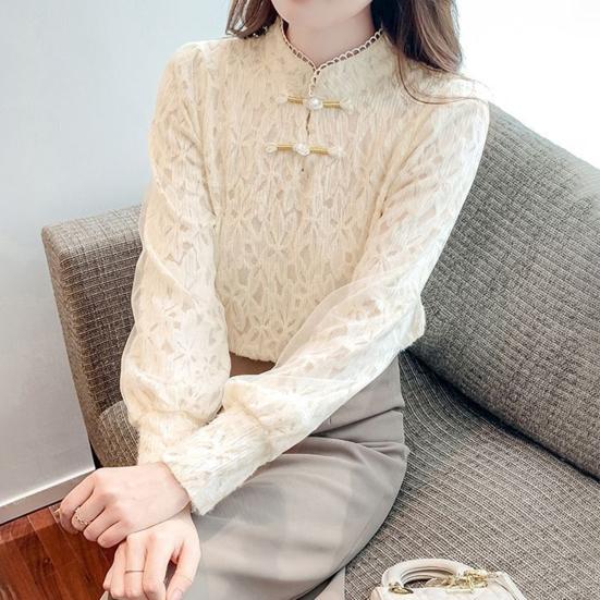 Women Tops Long Sleeve Lace Spliced Slim Fit Half High Collar Pullover Tops