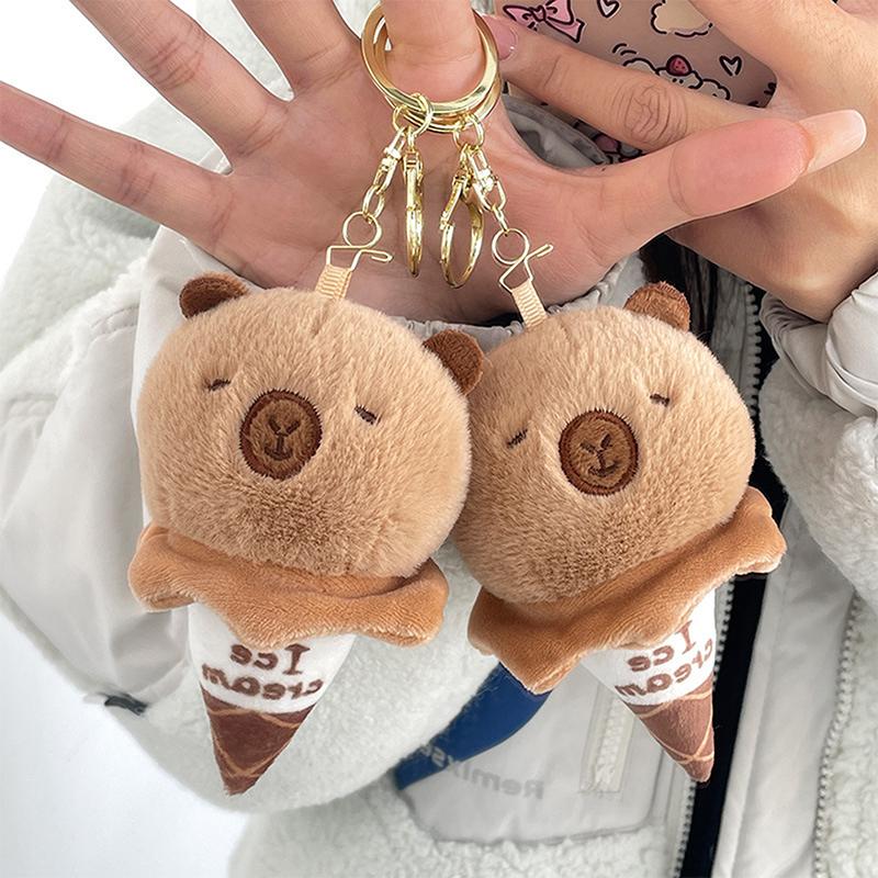 Cute Ice Cream Cone Capybara Plush Doll Toy Stuffed Animals Keychain Bag Pendant Girly Heart Key Hanging Ornament Accessory Gift