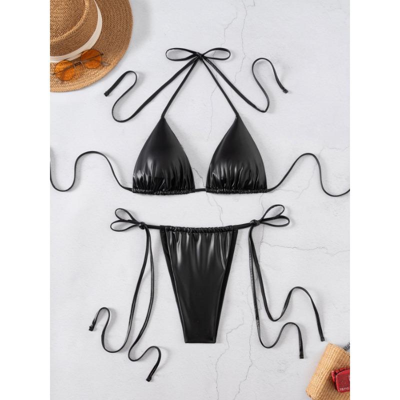 Costum de baie bikini sexy pentru femei, culoare solidă, două piese, cu șnur la gât și decupaj