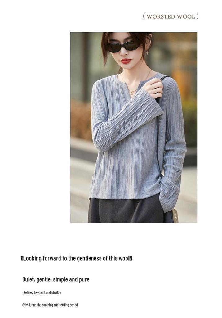2026 Spring & Autumn Women's V-neck Wool Knit Pullover - Long Sleeve Ribbed Solid Color Top
