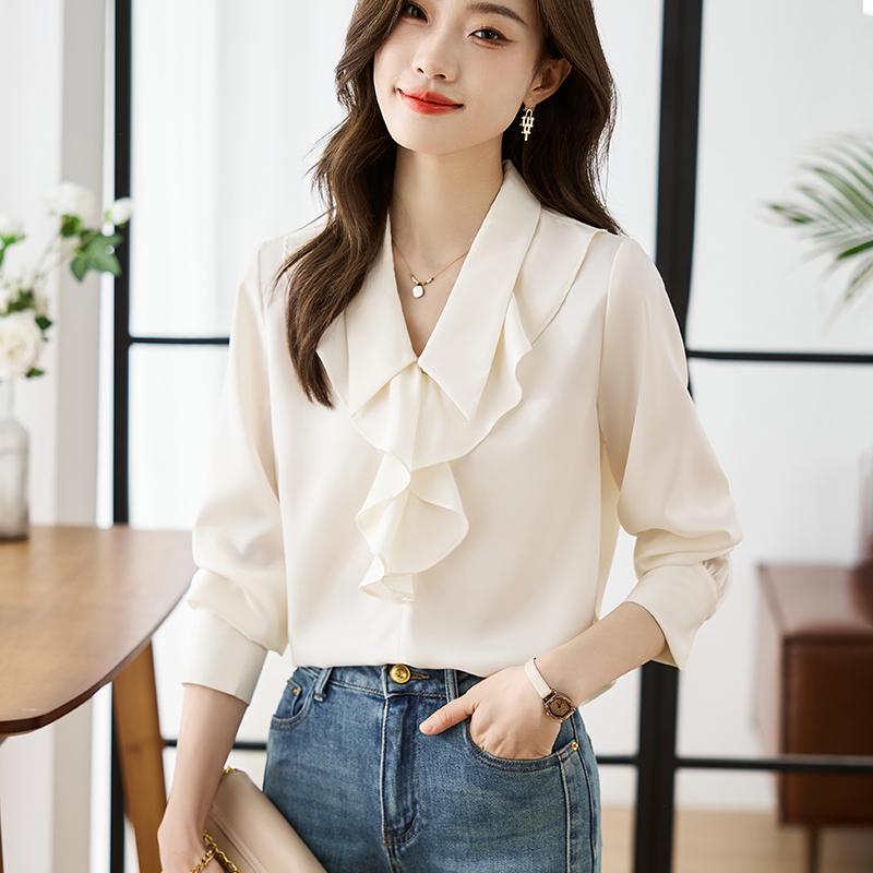 Damen Blusen Hemden 2025 Frühling Langarm Damen Bluse Hemd Umlegekragen Rüschen Chiffon Bluse Hemd Damen Oberteile J830