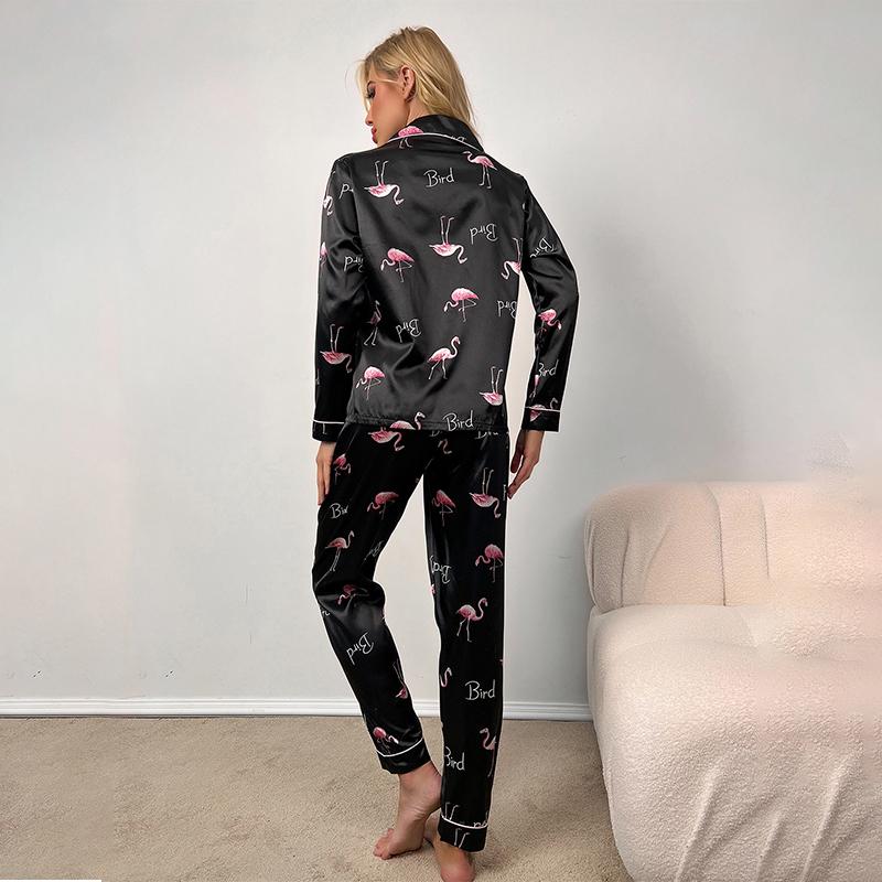 Women's Pajama Sets with Lapel Buttons Long Sleeved Shirt and Soft Long Pants Flamingo Print Casual and Comfortable Home Pajamas