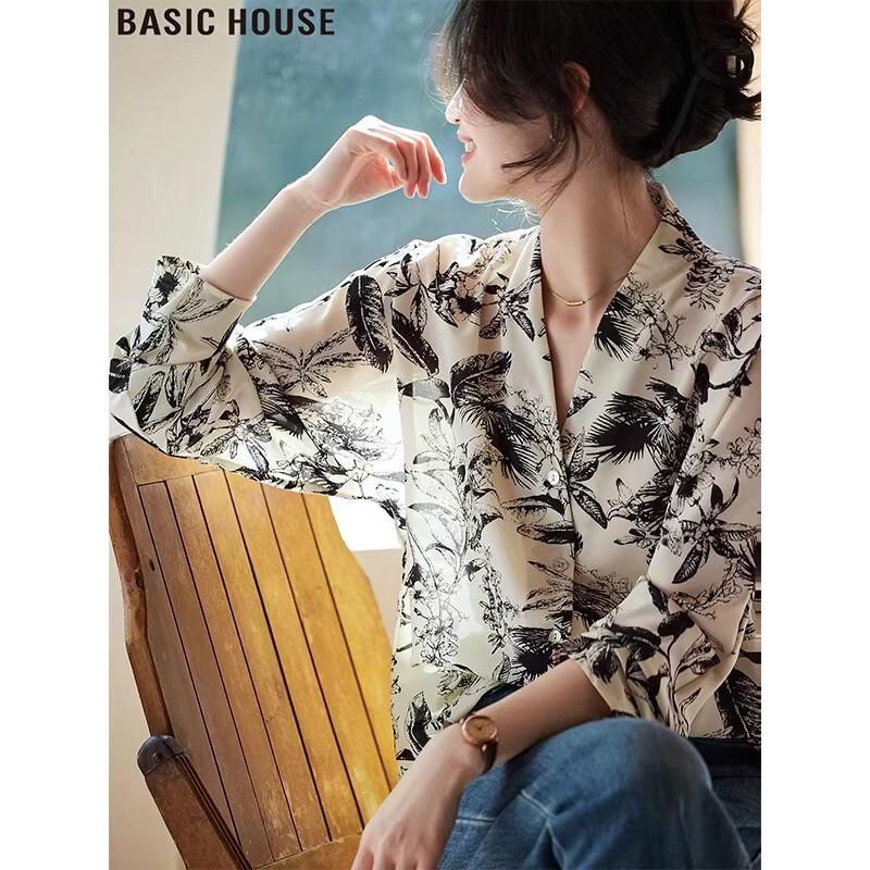 Basic House New Chinese Style Ink Print Chiffon V-neck Blouse M