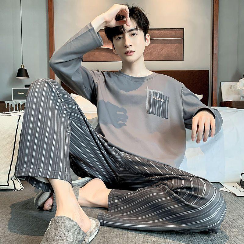 

Новая мужская пижама из чистого хлопка весна-осень с длинными рукавами полосатая молодежная зимняя повседневная домашняя одежда пуловер домашняя одежда 4XL