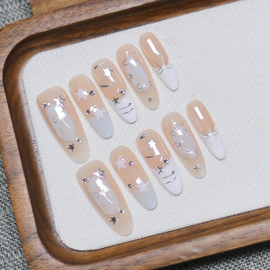 Chic Handmade Reusable Long French Nails - High-End Detachable Nail Art Stickers