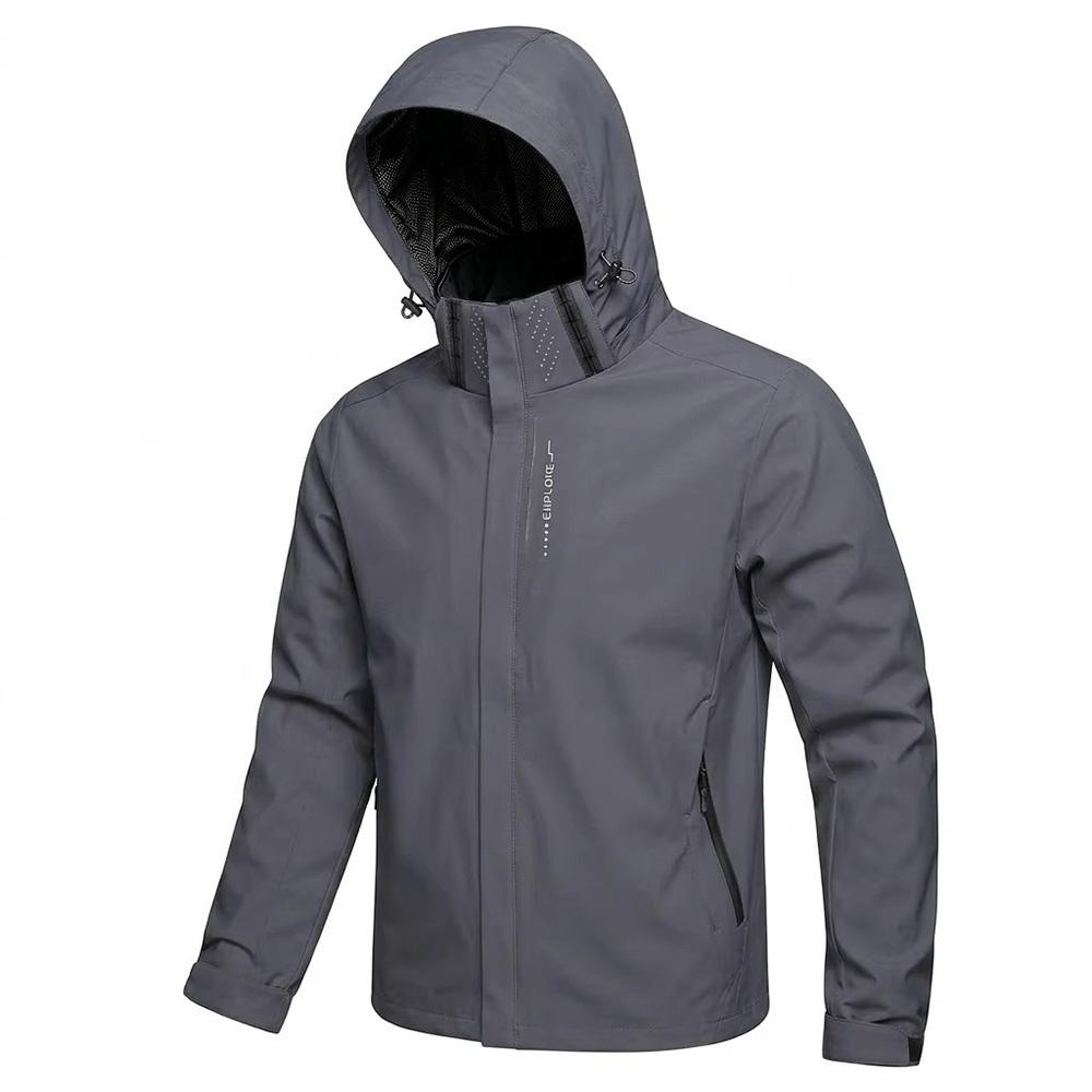Men's Waterproof Hooded Windbreaker Jacket with Detachable Hood and "EXPLORE" Zip Pocket - Lightweight Outdoor Hiking and Travel Coat.