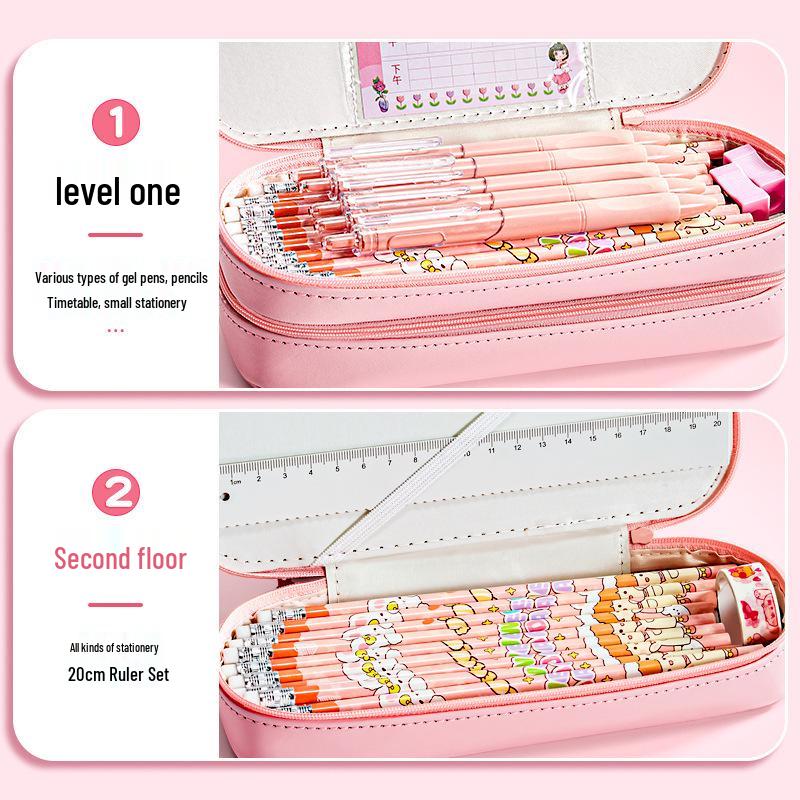 Large Capacity Double Layer Pencil Case - Cute, Stylish Canvas Stationery Box for School Students