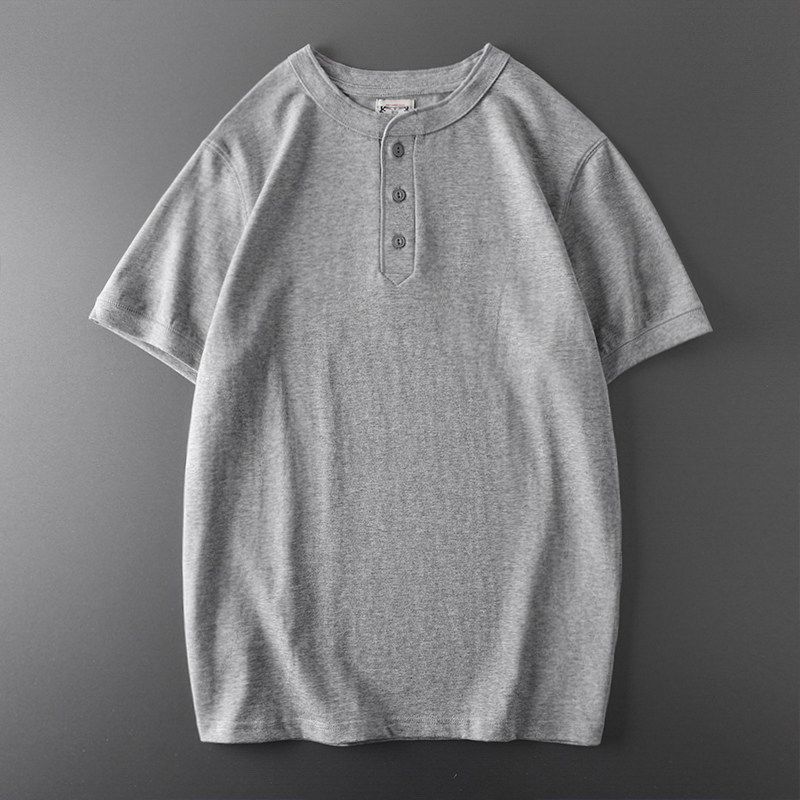 American Retro Henley Shirt Heavy Weight Pure Cotton Short Sleeve Amekaji Henry Collar T-Shirt Export Export Menswear T-shirt