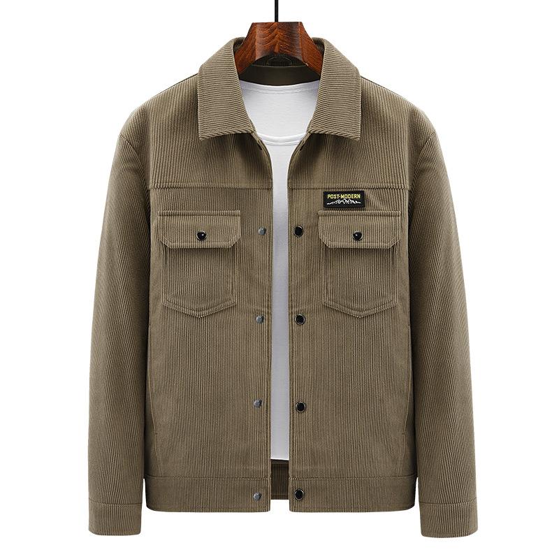 Men's Casual Tooling Jacket Multi-pocket Corduroy Striped Lapel Jacket Middle-aged Retro Long-sleeved Top Versatile
