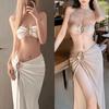 European & American Style Pleated Metal Bikini Set with Bandeau Top and Slit Skirt for Beach Vacations.