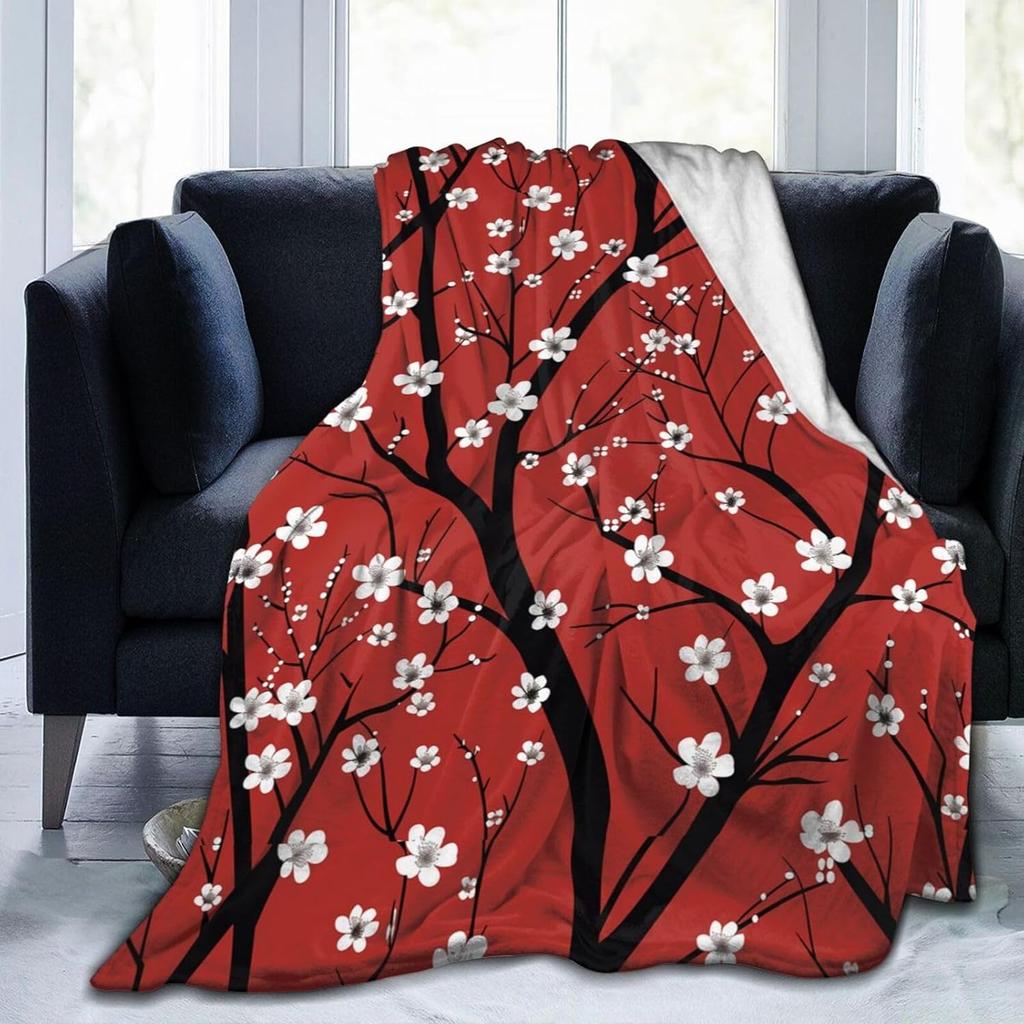 White Pink Cherry Blossom Flannel Throw Blanket Romantic Flowers King Queen Full Size For Living Room Sofa Couch Lightweight