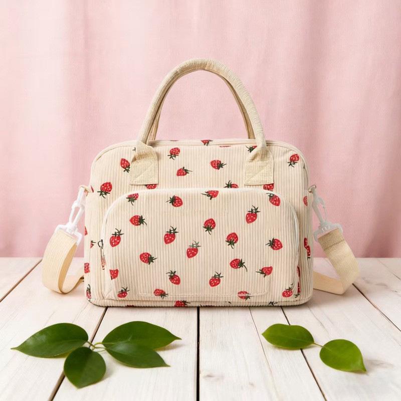 Corduroy Strawberry Print Insulated Lunch Bag for Office and Picnic