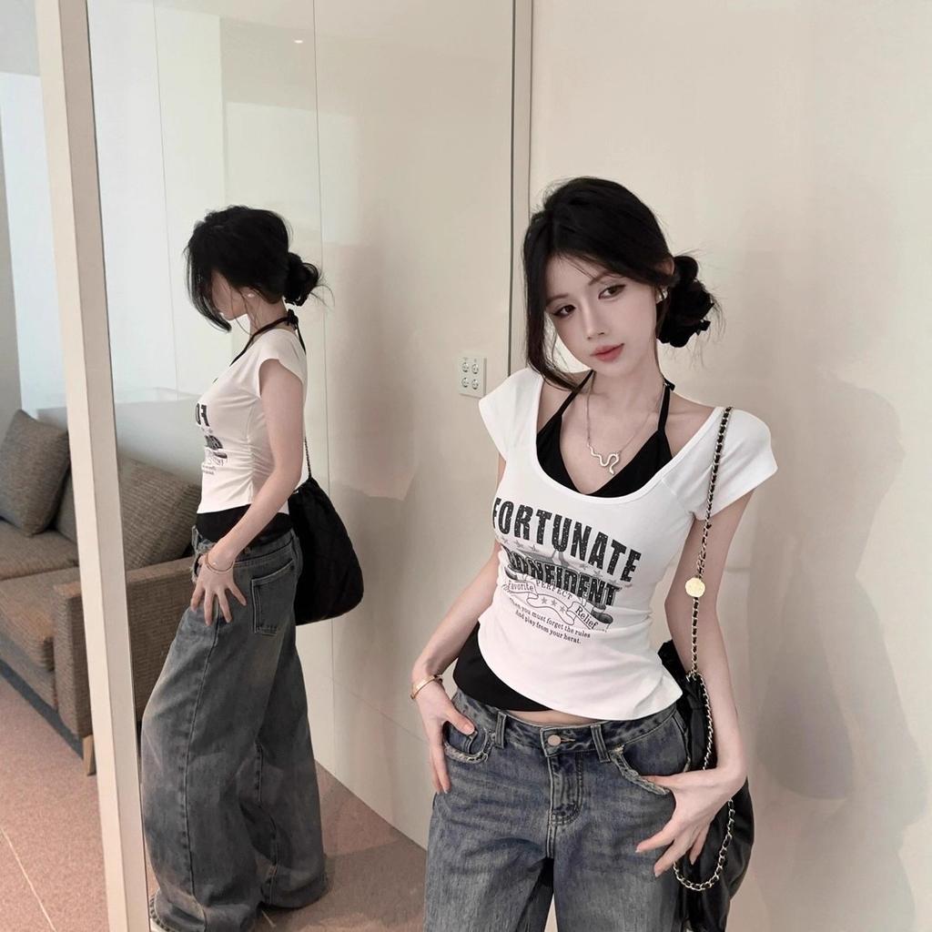 Summer Spice Girls Contrasting Color Splicing Printed Short Sleeve T-Shirt Women's Neck Strap Fake Two Pieces Design Sense Short Slim Top