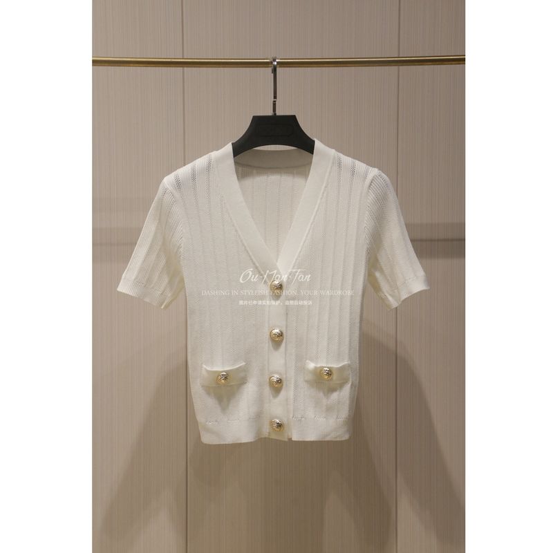 

Классический стиль V-образный вырез ледяной шелк футболка с коротким рукавом кардиган металлическая пряжка White S