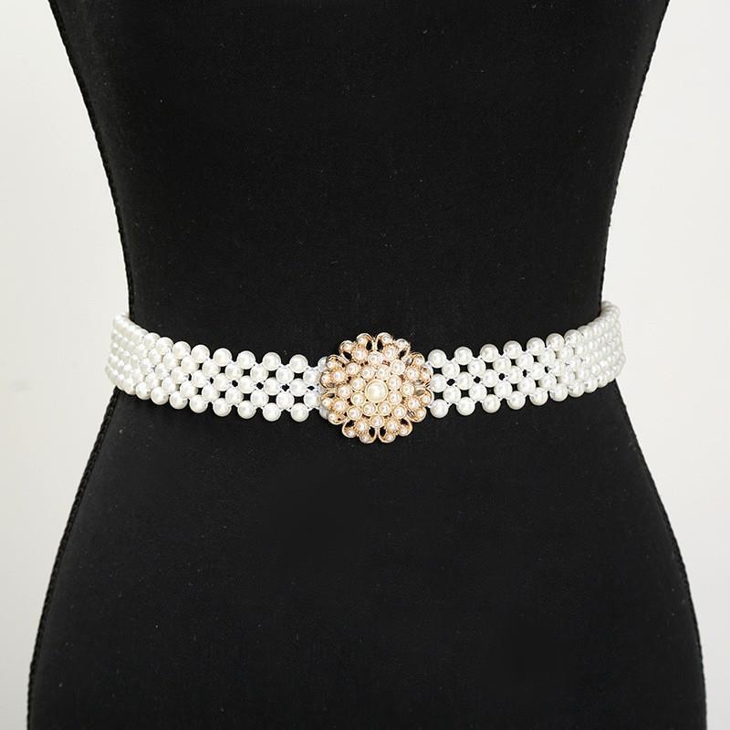 Ladies' Elastic Thin Waistband With Pearl  Waist Chain Simple Korean Style Drawstring Belt Women Apparel Accessories