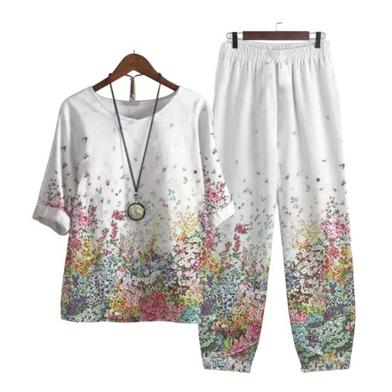 

Комплект из топа и брюк с эластичным поясом, модный комплект с круглым вырезом, женский шаровар с цветочным принтом в клетку и широкими штанинами XL зелёный