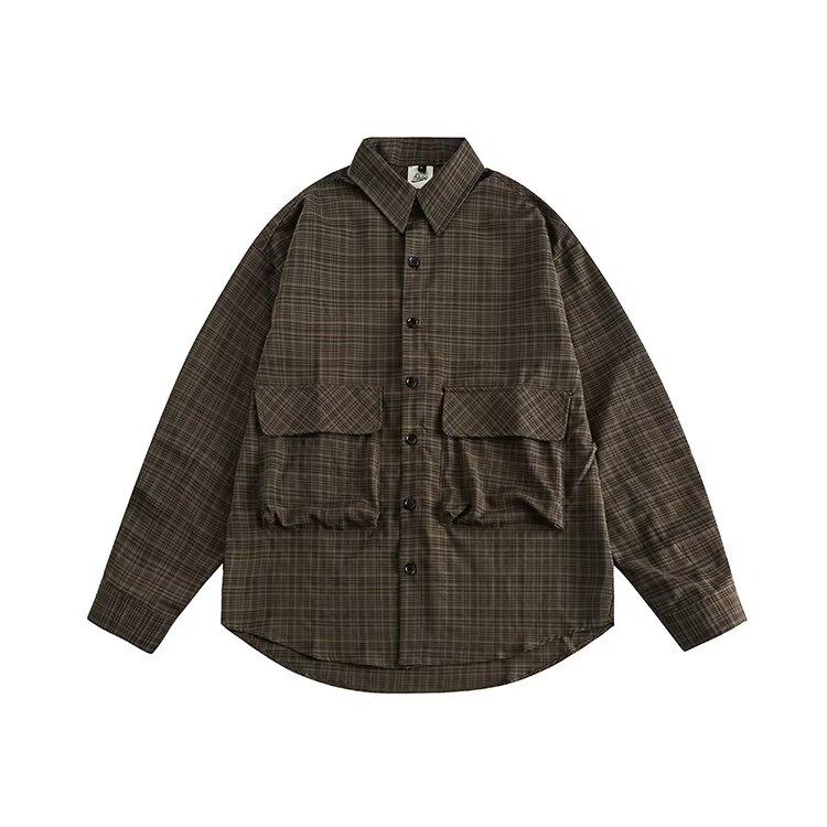 Japanese-Style Retro Large Pocket Plaid Long-Sleeved Shirt Men and Women Vintage Multi-Pocket Couple Contrast Color Shirt Coat