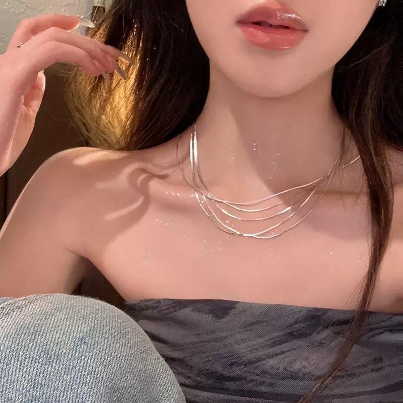 Multi-layer stacked snake bone necklace female high-end sense light luxury silver metal collarbone chain ins wind versatile explosion