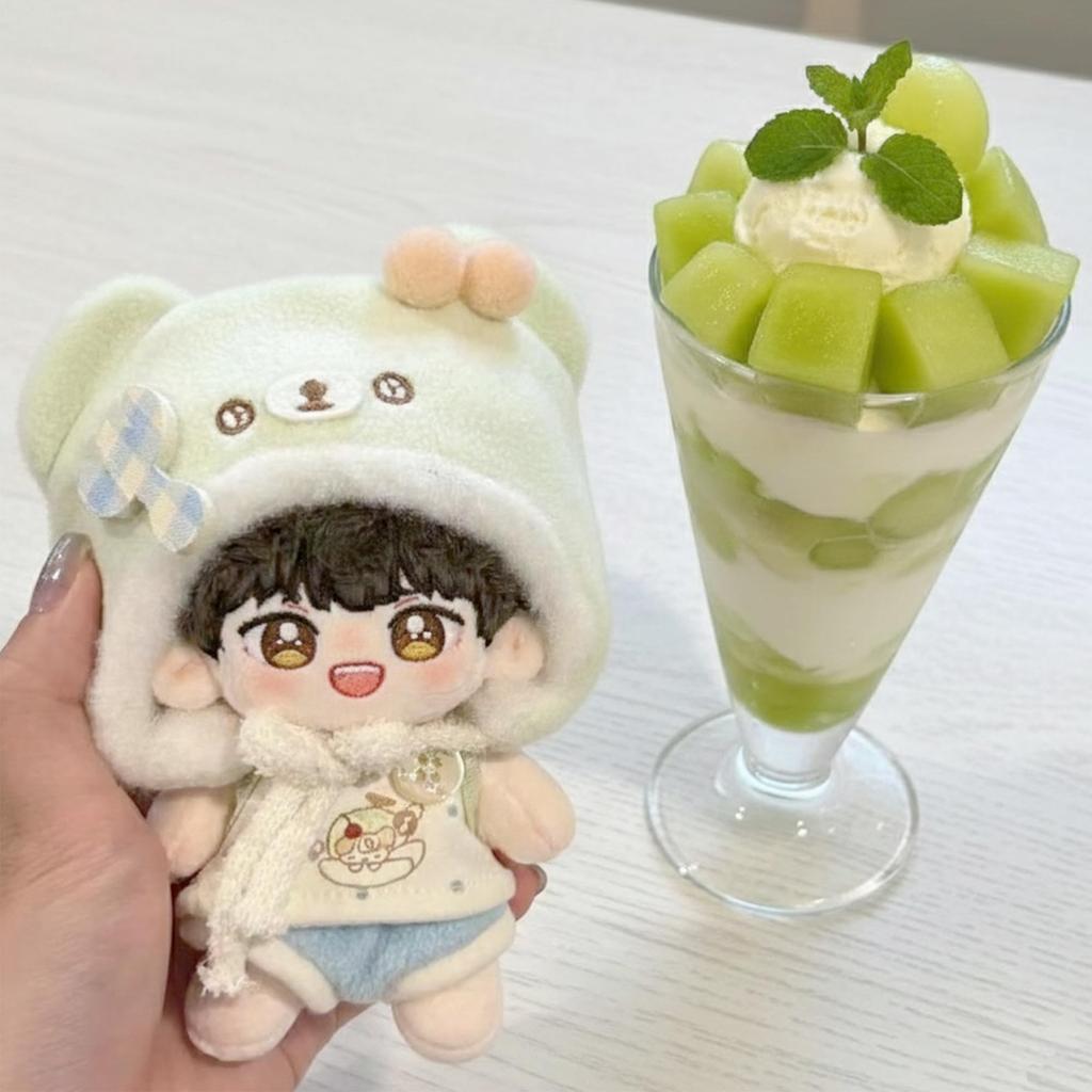 Melon costume (kigurumi cap, top & pants set) for 10cm plushies. Kigurumi accessory for idolfan activities, dollmascot, K-pop dollcostume. [Used]