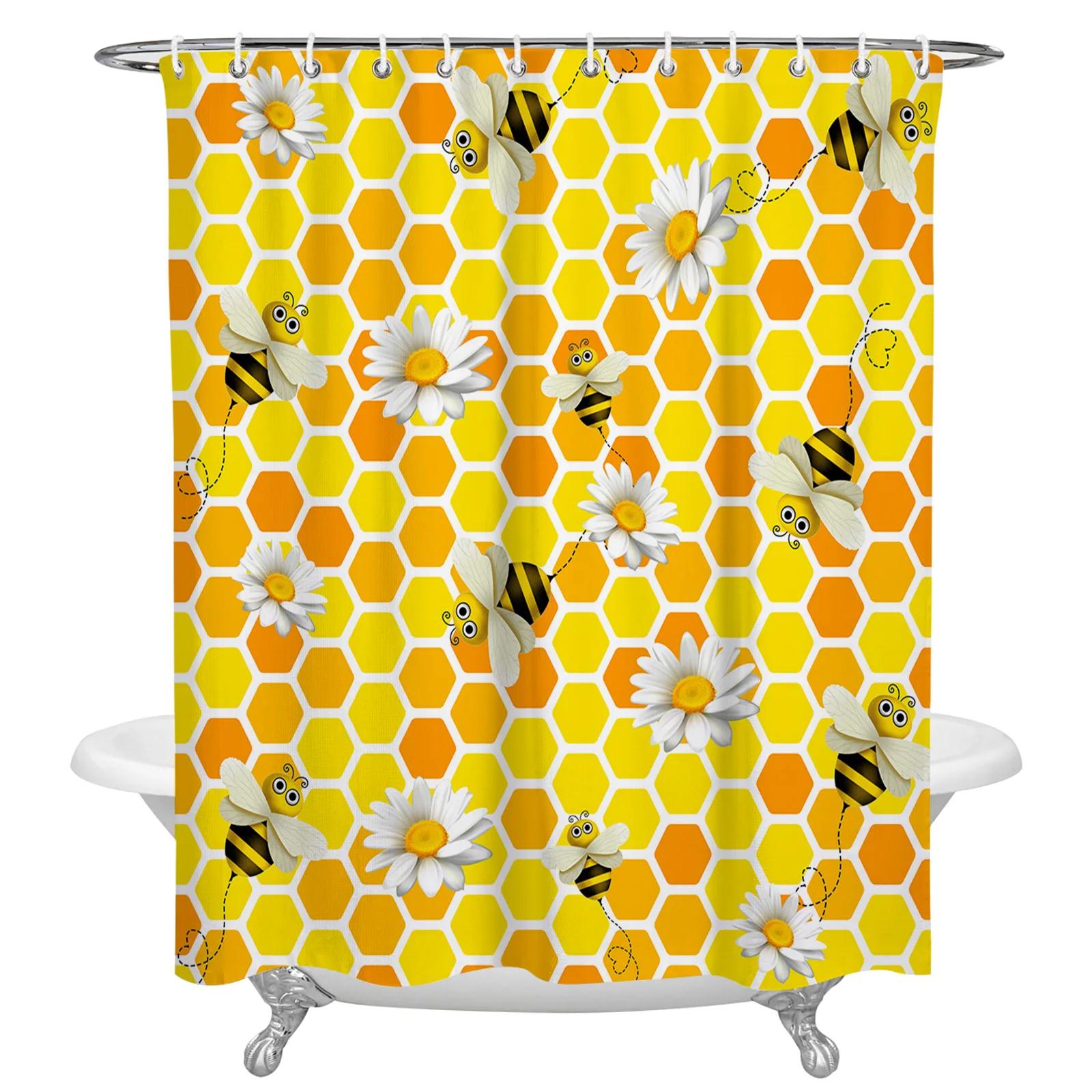 

Honey Honeycomb Print Shower Curtain Bee Flower Waterproof Shower Curtain Bathroom Fabric Polyester Shower Curtains Decor W60H190(CM)-1 Pcs
