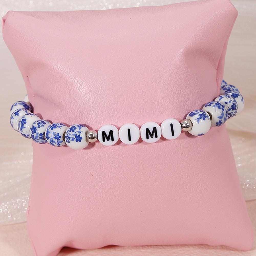 Porcelain Beaded Bracelet Gift - Blue & White Letter Design, Trendy Retro Style for NANA MAMA.