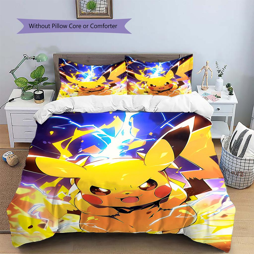 Pikachu Muster Bettwäsche Heimdekoration Geburtstagsgeschenk (1 Bettbezug + 2 Kissenbezüge, ohne Füllung)