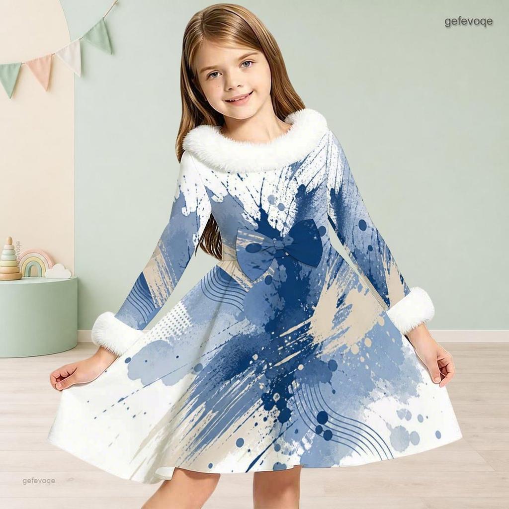 Girls Furry Collar Long Sleeve Beige Black Printed A Line Flared Dress With Bow