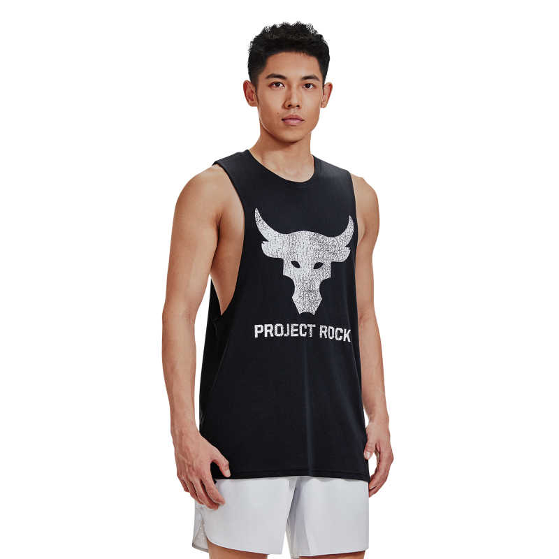 Under Armour Project UA Project Rock Buchstaben Logo Print Trainings Ärmelloses T-Shirt Herren Oberteile Schwarz 1373787-004