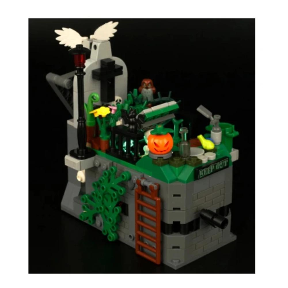 Halloween Scene Building Blocks MOC Cemetery Tombstone Mouse Pumpkin Car Vampire Throne Fireplace Bat Light Candle Toy Gift A040