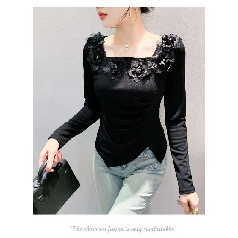 Women's Navy Blue Long Sleeve Top Square Neck 3D Flower Decor Slim Fit Ruched Blouse