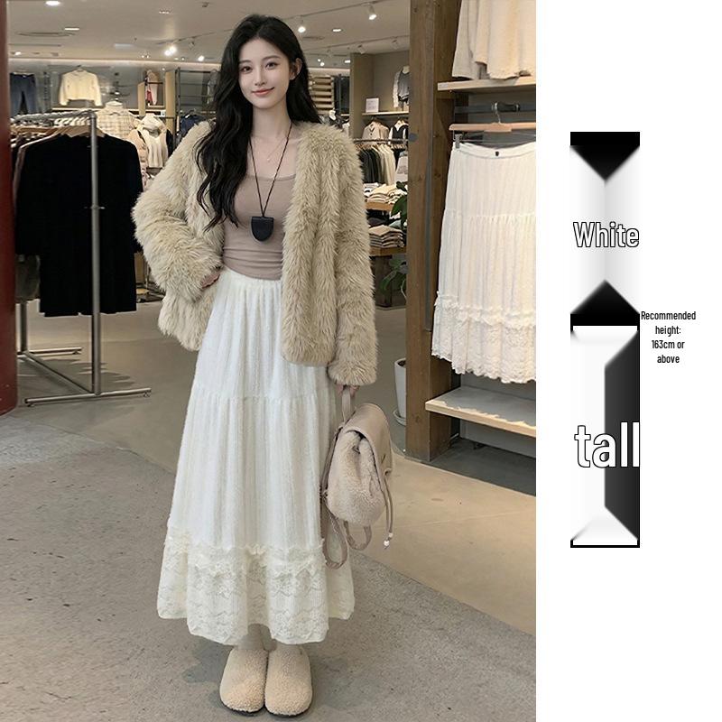 Women's White Lace High-Waist A-Line Long Skirt - Fluffy, Plush, Perfect for Spring & Autumn