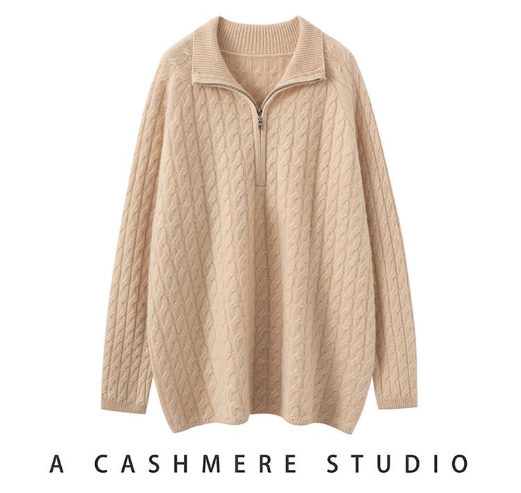 Women's Cashmere Half-Zip Lapel Solid Sweater - 2026 Autumn/Winter Collection, Loose & Slimming Design