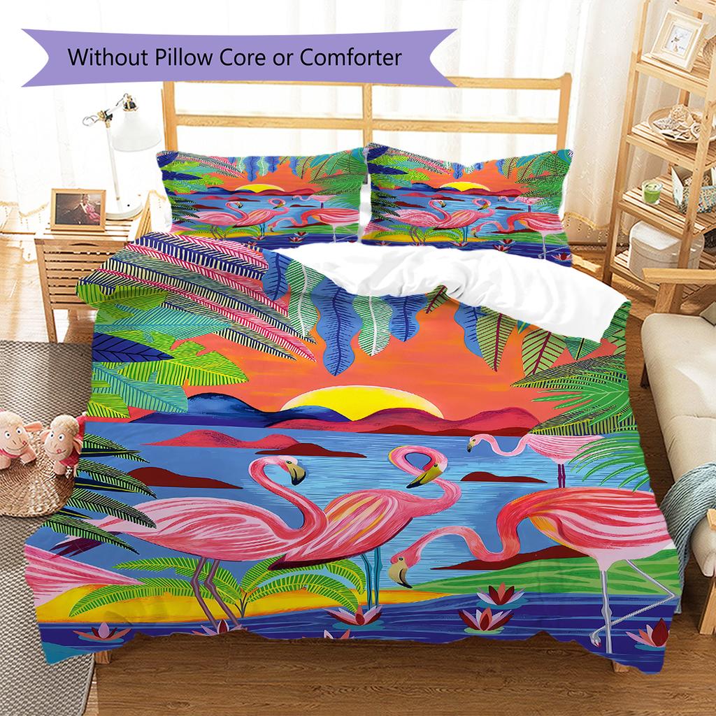 Flamingo Pattern Bedding Quilt Set Quilt Cover Pillowcase Home Decoration Birthday Gift (1 * Duvet Cover + 2 * Pillowcase, Without Core)