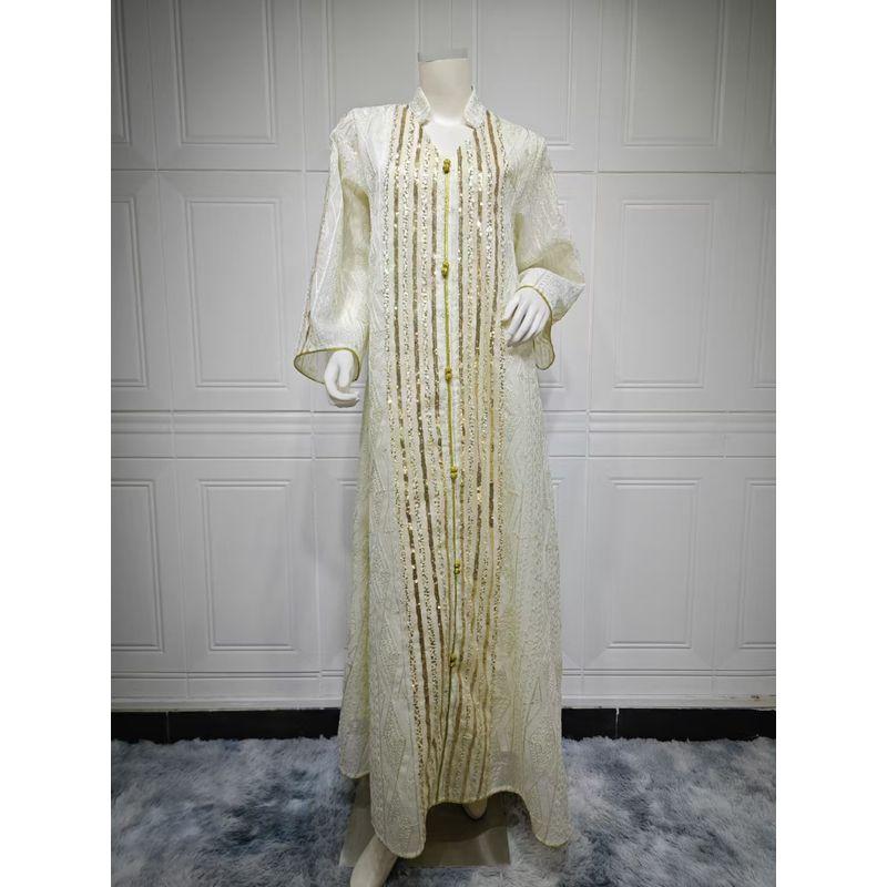 

Middle East New Arrival Fashion Mesh Embroidered Sequin Stitching Dress Embroidered Sequin Dress Beige L