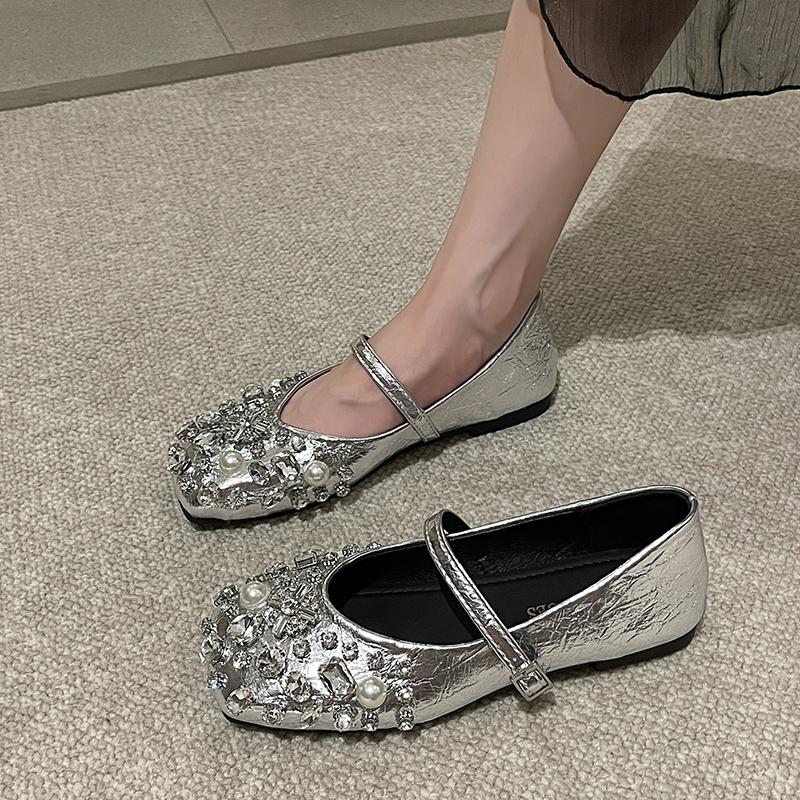 Women's Summer Fashion Luxury Diamond Mary Jane Sandals Women's Square Toe Designer Flat Shoes Diamond Shining Women's Sandals