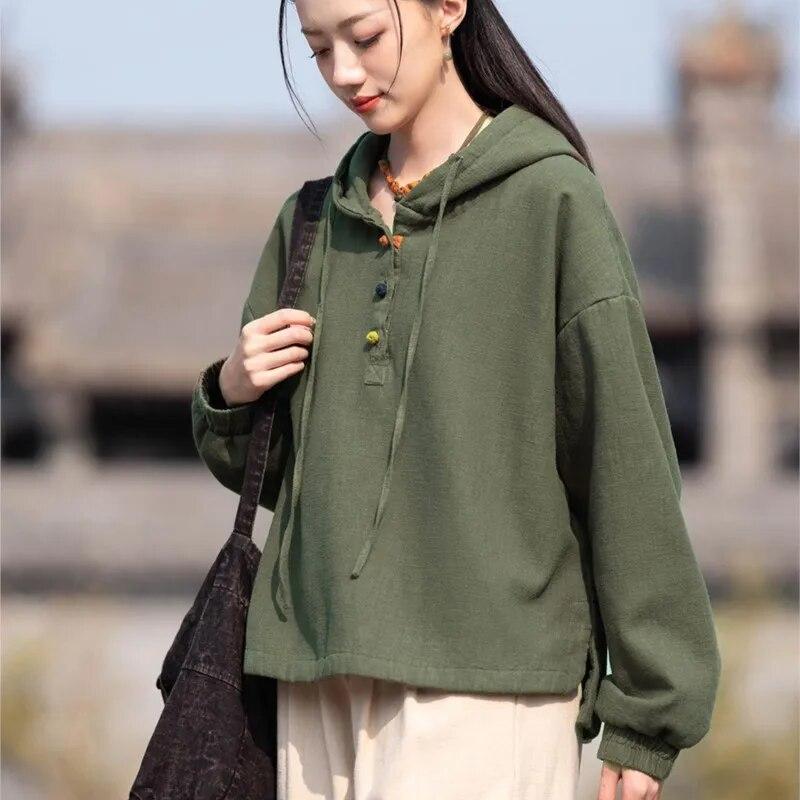 

Johnature женские винтажные толстовки с капюшоном, однотонные теплые осенние толстовки, пуловеры с длинными рукавами, толстовки One Size зелёный
