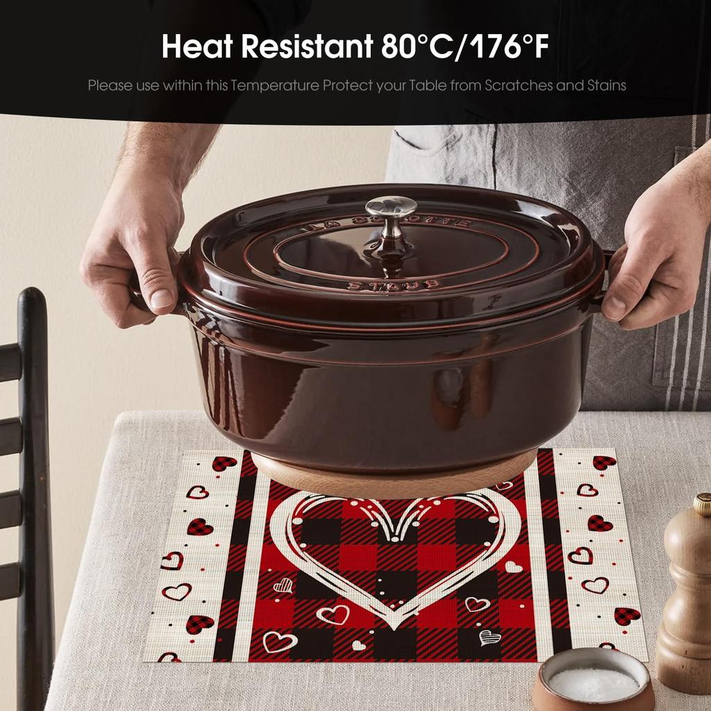 Hearts Vinyl Valentine's Day Placemats Set of 4, 12x18 Inch Wipeable Non-Slip PVC Place Mats for Party Kitchen Dining Decor