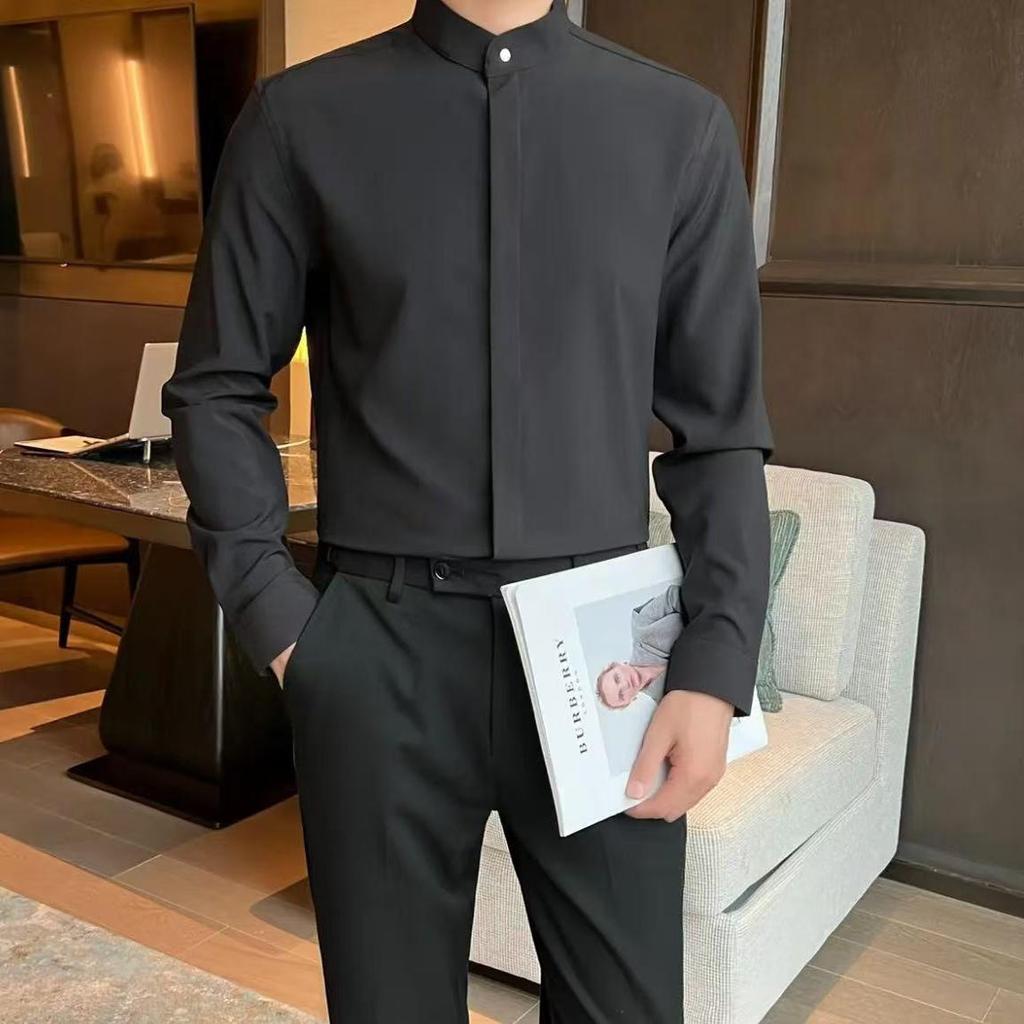 Spring New Solid Color Shirts Men Korean Fashion Stand Collar Long Sleeve Men's Social Dress Shirt