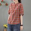 Women Spring Summer Style Blouses Lady Casual Short Sleeve Stand Collar Plaid Printed Blouses Tops