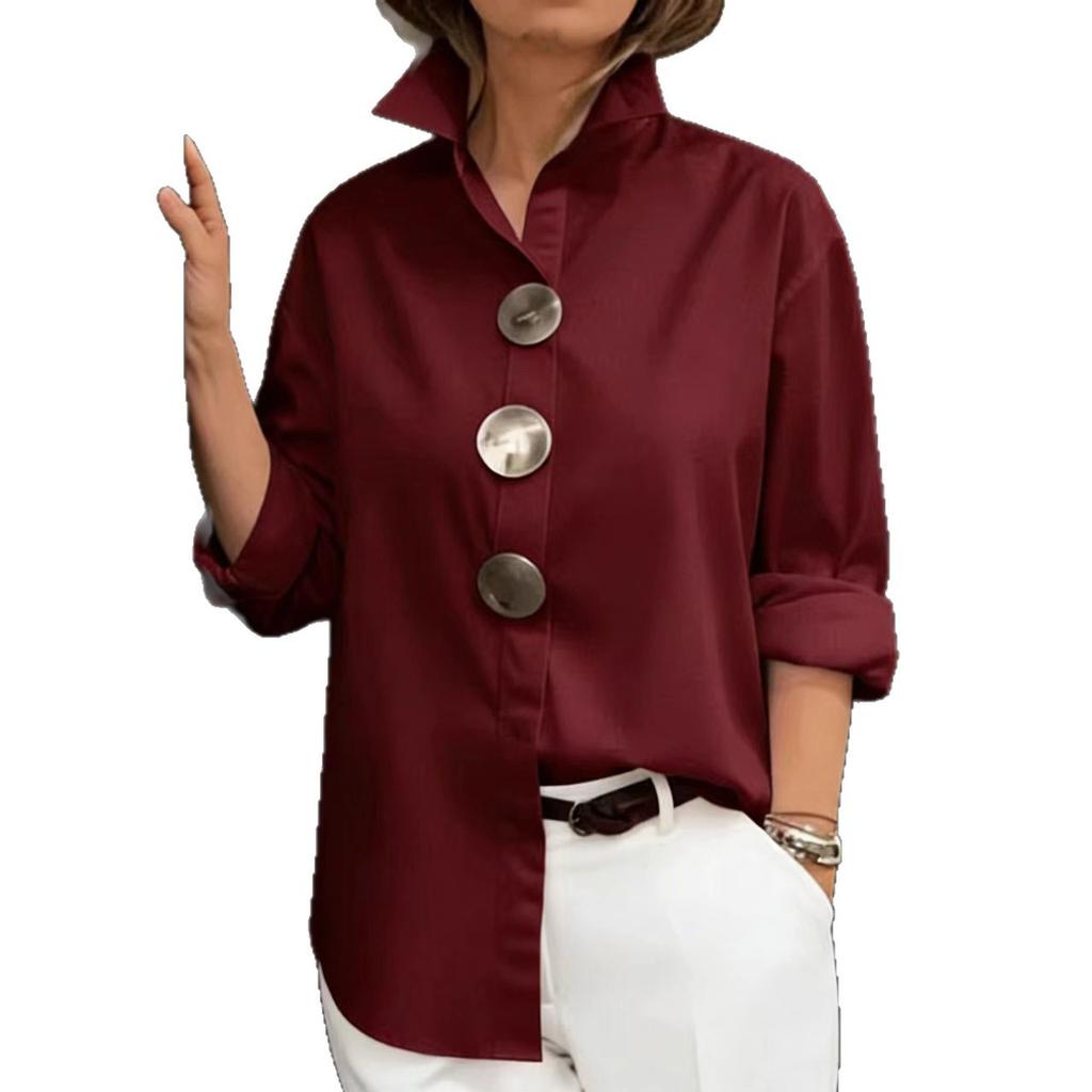 Spring and summer new solid color stand-up collar metal button long-sleeve shirt top for women
