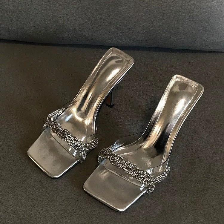 

МОЙ БОГ! Красивый! прозрачное слово из ПВХ со стразами крутые тапочки для женщин носить серебристые сексуальные босоножки на высоком каблуке для женщин 40 серебряный