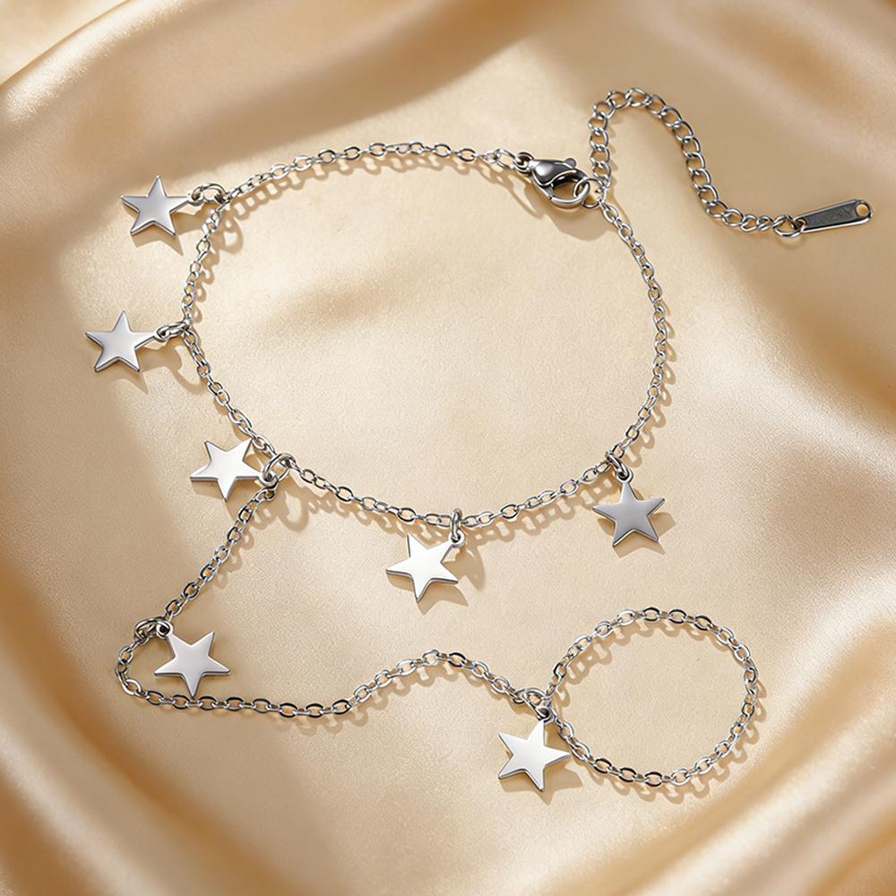 Star Charms Bracelet Ring Hollow Out Solid Stars Bracelet with Finger Chain Stainless Steel Adjustable Chain Jewelry Party Daily